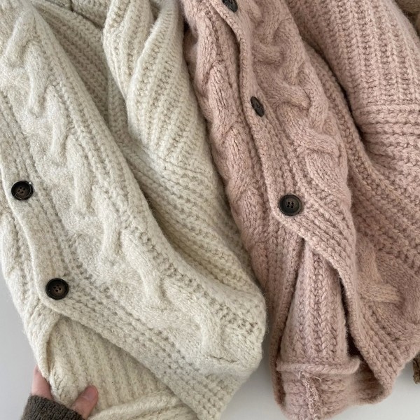 Cardigan rose à col en V rose fille, pull gris à manches longues, beige tricoté, automne hiver|16,19 €|OKKO MODE