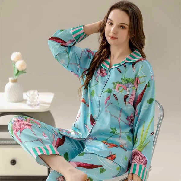 Ensembles de pyjamas flamant rose pour femmes, faux satin à manches longues|13,94 €|OKKO MODE