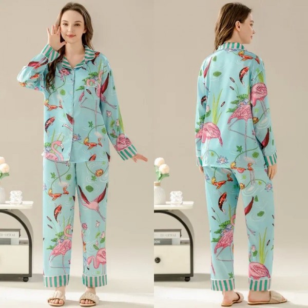 Ensembles de pyjamas flamant rose pour femmes, faux satin à manches longues|13,94 €|OKKO MODE