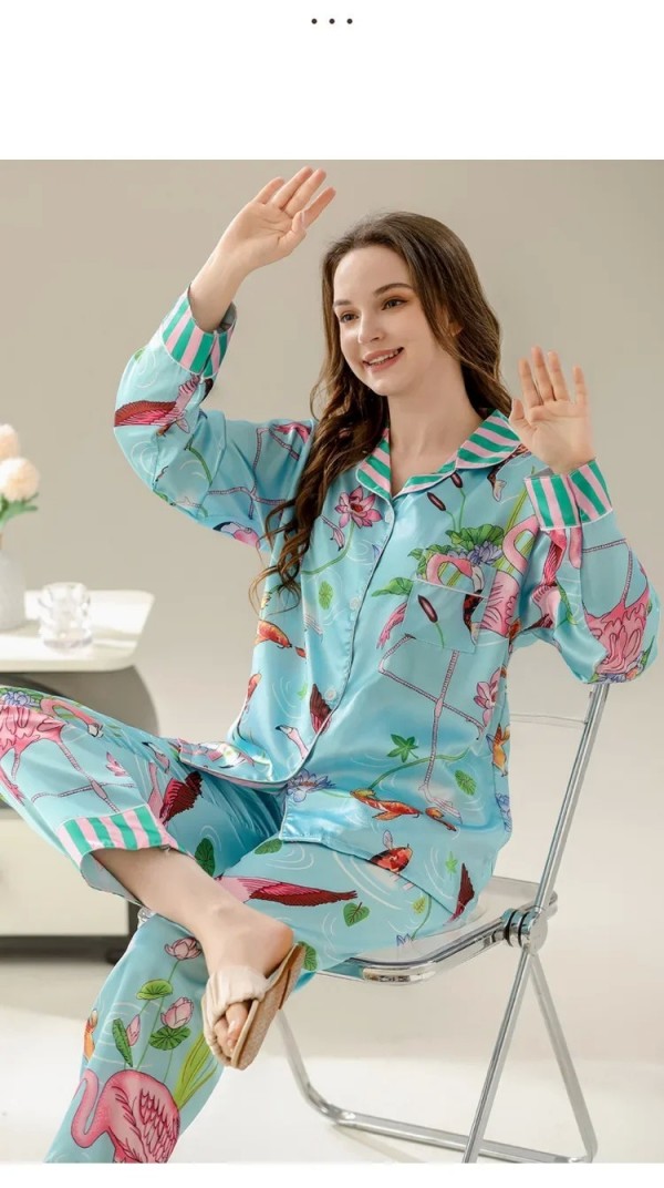 Ensembles de pyjamas flamant rose pour femmes, faux satin à manches longues|13,94 €|OKKO MODE