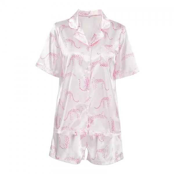 Pyjama en satin imprimé animal pour femme, ensemble court à col revers|22,07 €|OKKO MODE