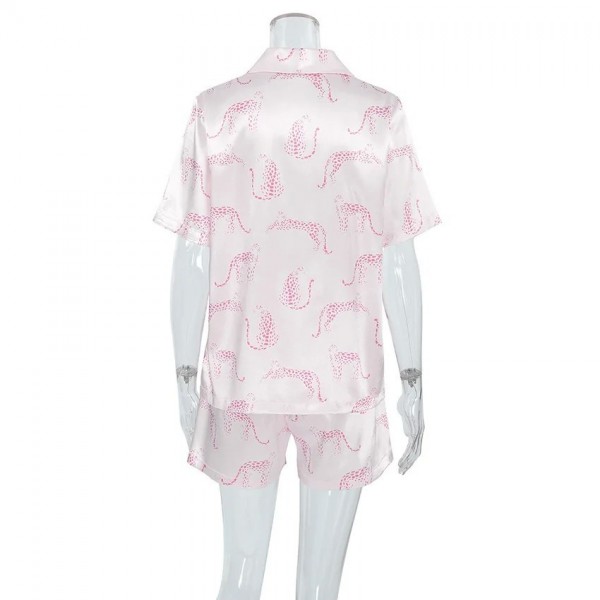 Pyjama en satin imprimé animal pour femme, ensemble court à col revers|22,07 €|OKKO MODE