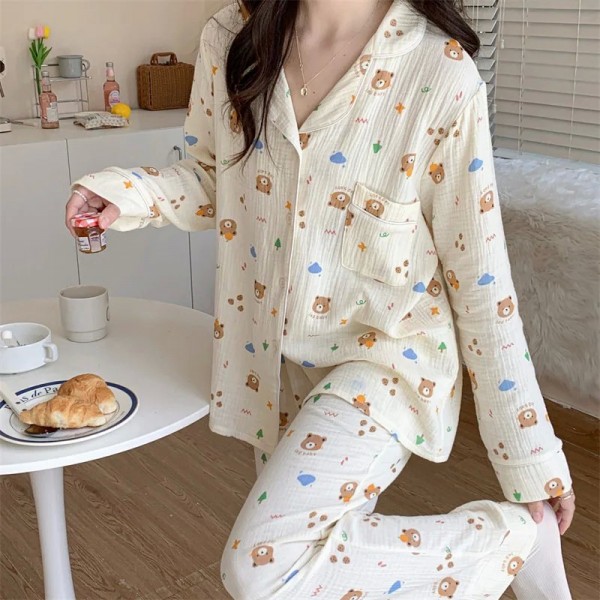 Vêtements de nuit longs 100 coton pour femmes, pyjamas en gaze à imprimé ours|26,09 €|OKKO MODE