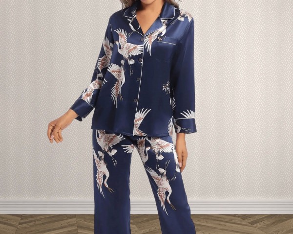 Pyjama imprimé à manches longues pour femmes, vêtements de nuit, bleu marine|160,19 €|OKKO MODE