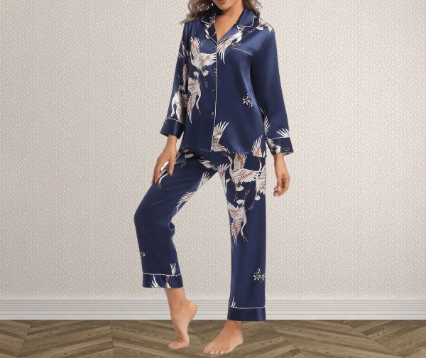 Pyjama imprimé à manches longues pour femmes, vêtements de nuit, bleu marine|160,19 €|OKKO MODE