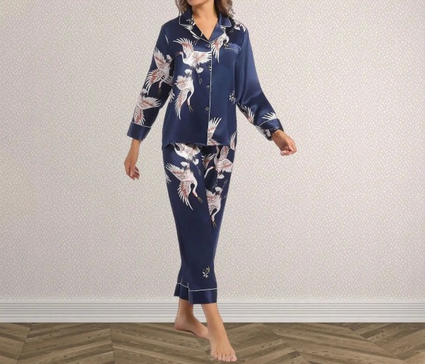 Pyjama imprimé à manches longues pour femmes, vêtements de nuit, bleu marine|160,19 €|OKKO MODE