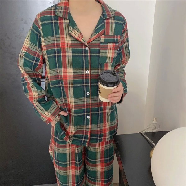 Ensemble de pyjama de Noël vert pour couple, vêtements à carreaux simples|25,19 €|OKKO MODE