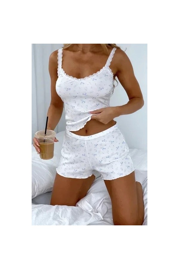 Ensemble pyjama 2 pièces en dentelle pour femme, short à fleurs|12,59 €|OKKO MODE