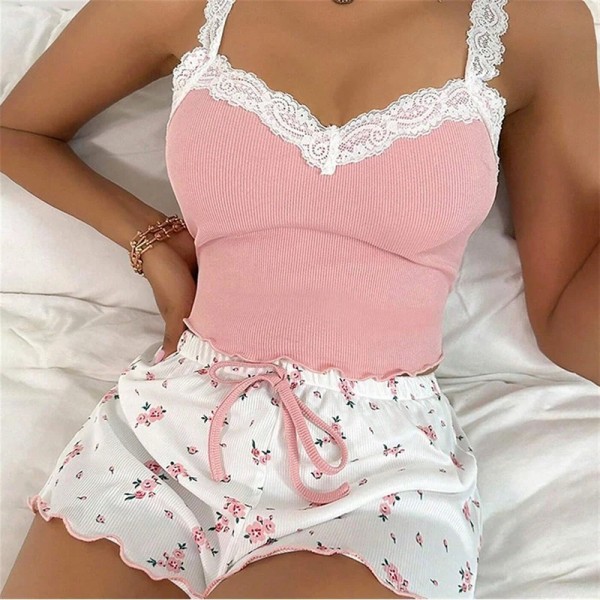 Ensemble pyjama sexy deux pièces pour femme, caraco bordé de dentelle et short à nœud gland floral|6,29 €|OKKO MODE