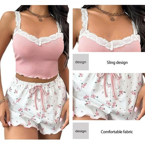 Ensemble pyjama sexy deux pièces pour femme, caraco bordé de dentelle et short à nœud gland floral|6,29 €|OKKO MODE