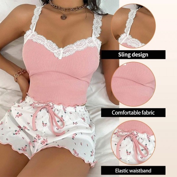 Ensemble pyjama sexy deux pièces pour femme, caraco bordé de dentelle et short à nœud gland floral|6,29 €|OKKO MODE