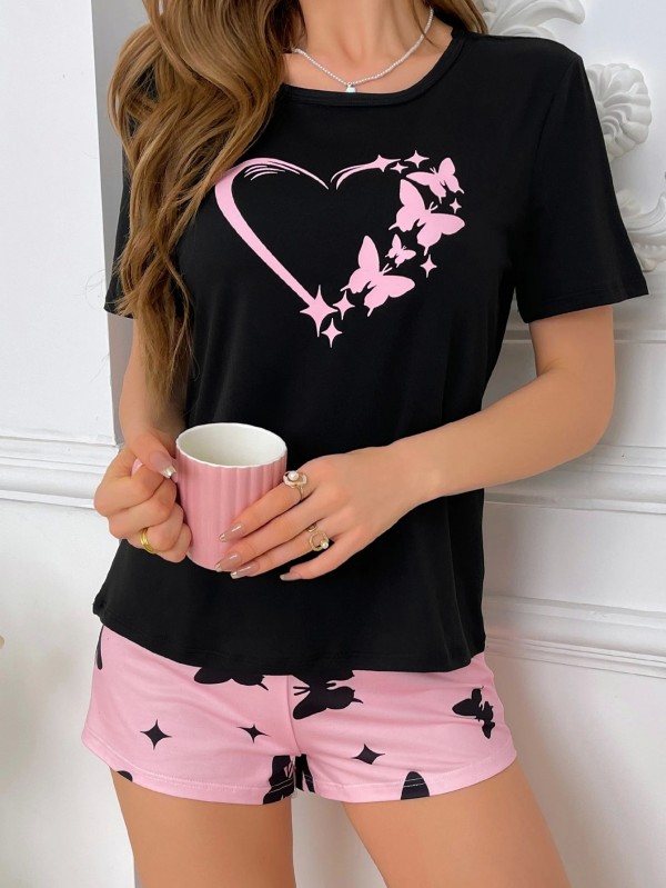 Pyjama à manches courtes pour femmes, haut noir motif coeur rose|8,09 €|OKKO MODE