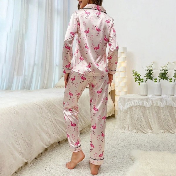 Pyjama en satin imprimé flamant rose pour femme, vêtements de maison décontractés|13,49 €|OKKO MODE