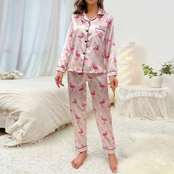 Pyjama en satin imprimé flamant rose pour femme, vêtements de maison décontractés|13,49 €|OKKO MODE