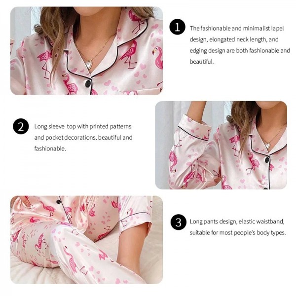 Pyjama en satin imprimé flamant rose pour femme, vêtements de maison décontractés|13,49 €|OKKO MODE