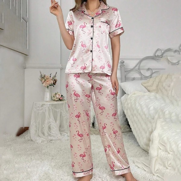 Pyjama en satin manches courtes col revers boutonné|13,49 €|OKKO MODE