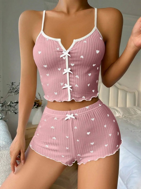 Pyjama en dentelle à imprimé cœur avec nœud papillon pour femme, ensemble de vêtements de nuit sexy|8,99 €|OKKO MODE