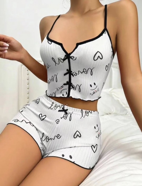 Pyjama en dentelle à imprimé cœur avec nœud papillon pour femme, ensemble de vêtements de nuit sexy|8,99 €|OKKO MODE