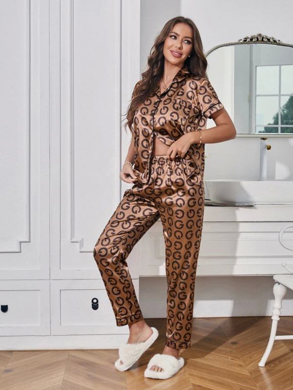 Ensemble de pyjama décontracté à motif de lettres pour femmes, haut manches courtes et pantalon taille élastique|13,49 €|OKKO MODE