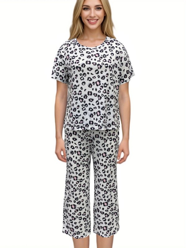 Ensemble de pyjama imprimé léopard pour femme, haut à manches courtes et col rond.|8,99 €|OKKO MODE