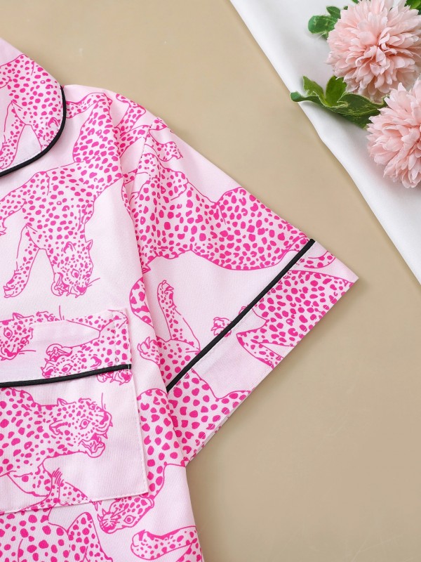 Ensemble de pyjama décontracté à imprimé léopard rose pour femme, haut à manches courtes.|13,01 €|OKKO MODE