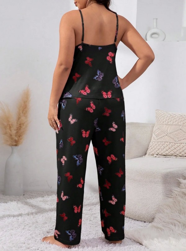 Ensemble de pyjama noir à imprimé papillon pour femme, haut précieux doux, pantalon long avec nœud - Grande taille|8,99 €|OKKO MODE