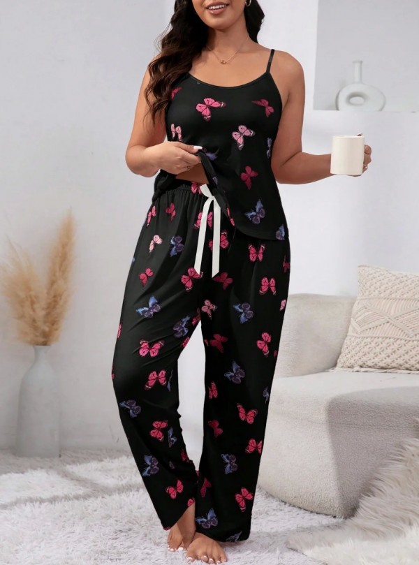 Ensemble de pyjama noir à imprimé papillon pour femme, haut précieux doux, pantalon long avec nœud - Grande taille|8,99 €|OKKO MODE