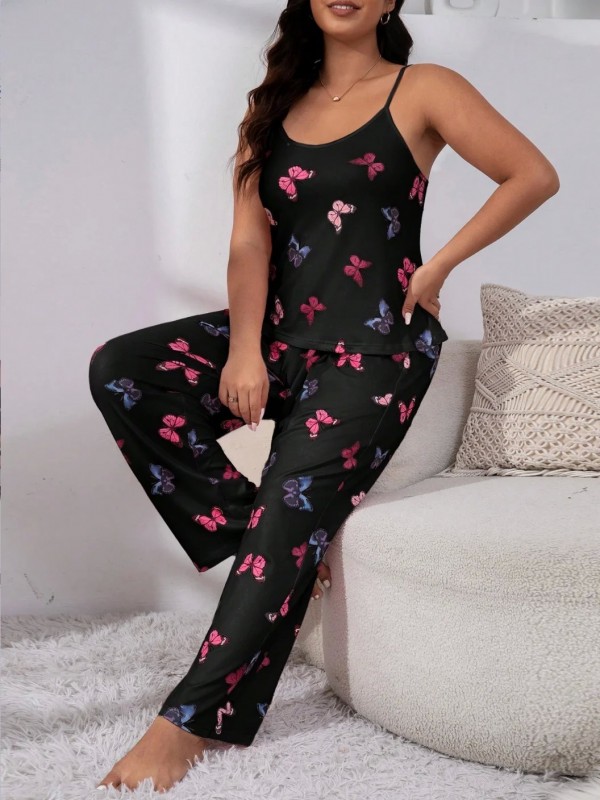 Ensemble de pyjama noir à imprimé papillon pour femme, haut précieux doux, pantalon long avec nœud - Grande taille|8,99 €|OKKO MODE