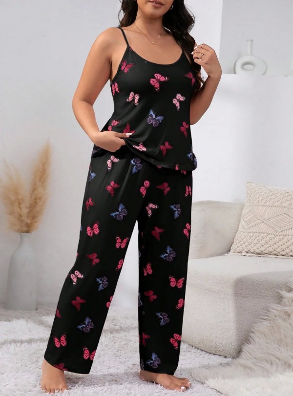 Ensemble de pyjama noir à imprimé papillon pour femme, haut précieux doux, pantalon long avec nœud - Grande taille|8,99 €|OKKO MODE