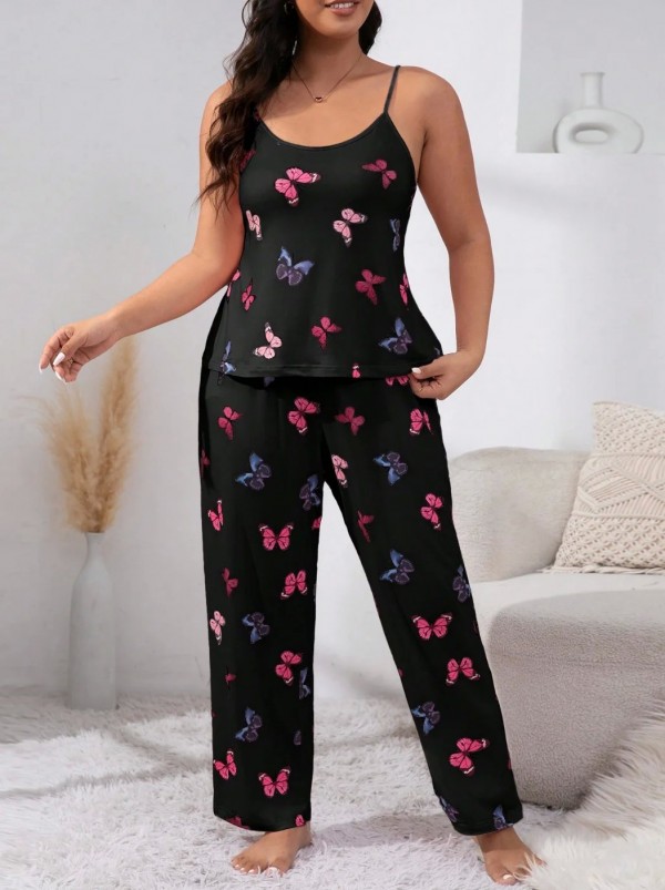 Ensemble de pyjama noir à imprimé papillon pour femme, haut précieux doux, pantalon long avec nœud - Grande taille|8,99 €|OKKO MODE