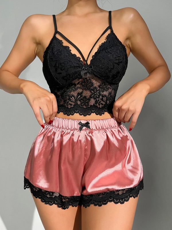 Ensemble de pyjama sexy dentelle noire transparente haut moulant précieux et shorts - vêtements nuit été|6,29 €|OKKO MODE