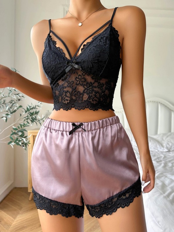 Ensemble de pyjama sexy dentelle noire transparente haut moulant précieux et shorts - vêtements nuit été|6,29 €|OKKO MODE