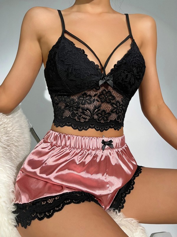 Ensemble de pyjama sexy dentelle noire transparente haut moulant précieux et shorts - vêtements nuit été|6,29 €|OKKO MODE