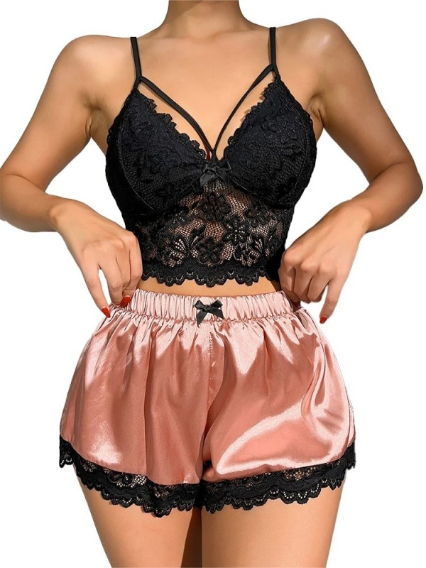 Ensemble de pyjama sexy dentelle noire transparente haut moulant précieux et shorts - vêtements nuit été|6,29 €|OKKO MODE