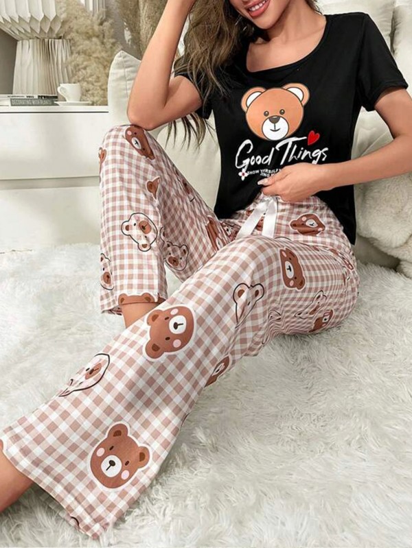 Ensemble de pyjama imprimé ours pour femmes, manches courtes|8,99 €|OKKO MODE