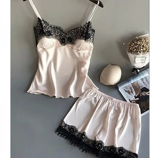 Pyjama en Satin et Dentelle pour Femme, Col en V Sexy avec Nœud Papillon - Ensemble de Vêtements de Nuit|4,49 €|OKKO MODE