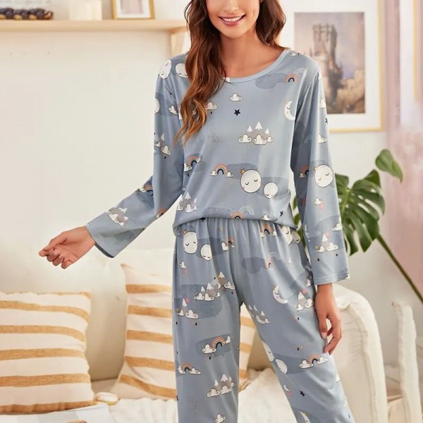 Ensemble pyjama imprimé dessin animé pour femme, chemise à manches longues et masque pour les yeux|8,99 €|OKKO MODE