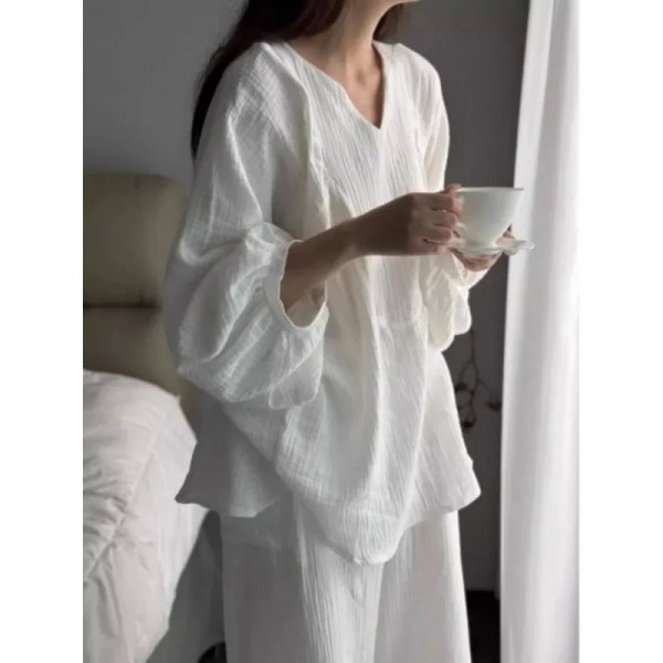 Pyjama à manches longues pour femmes, vêtements de nuit paresseux printemps automne document solide simple|23,91 €|OKKO MODE