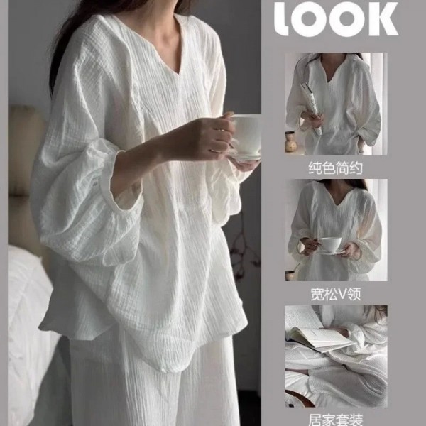 Pyjama à manches longues pour femmes, vêtements de nuit paresseux printemps automne document solide simple|23,91 €|OKKO MODE