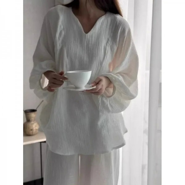 Pyjama à manches longues pour femmes, vêtements de nuit paresseux printemps automne document solide simple|23,91 €|OKKO MODE