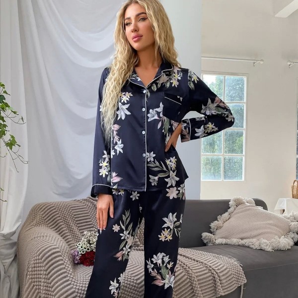 Pyjama en satin imprimé fleuri pour femme, chemise manches longues|29,69 €|OKKO MODE