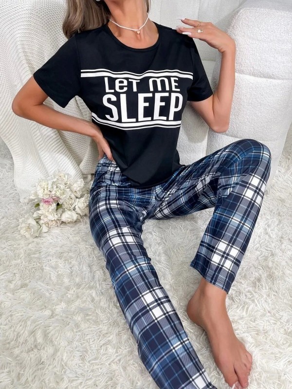 Pyjama noir à manches courtes pour femmes, haut à lettres et pantalon à carreaux deux pièces|9,89 €|OKKO MODE