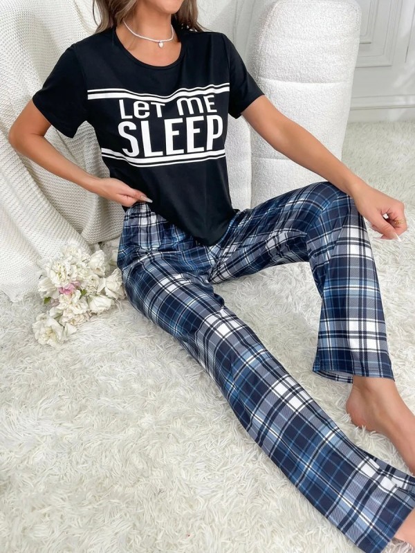 Pyjama noir à manches courtes pour femmes, haut à lettres et pantalon à carreaux deux pièces|9,89 €|OKKO MODE