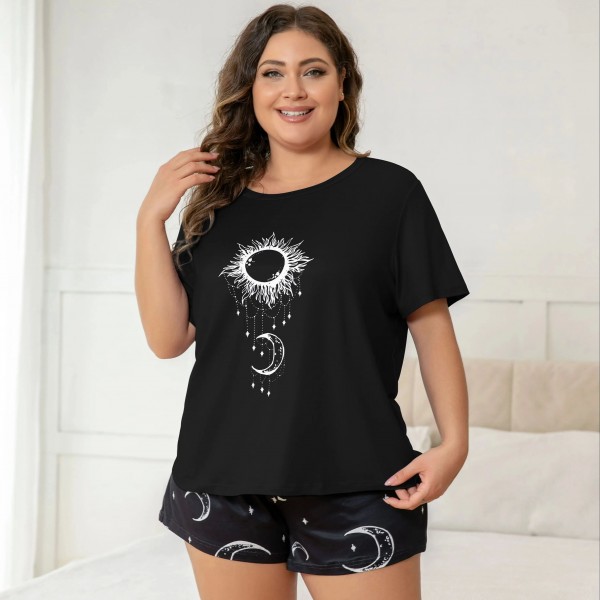 Ensemble pyjama grande taille imprimé lune étoile, haut manches courtes short confort maison|8,99 €|OKKO MODE