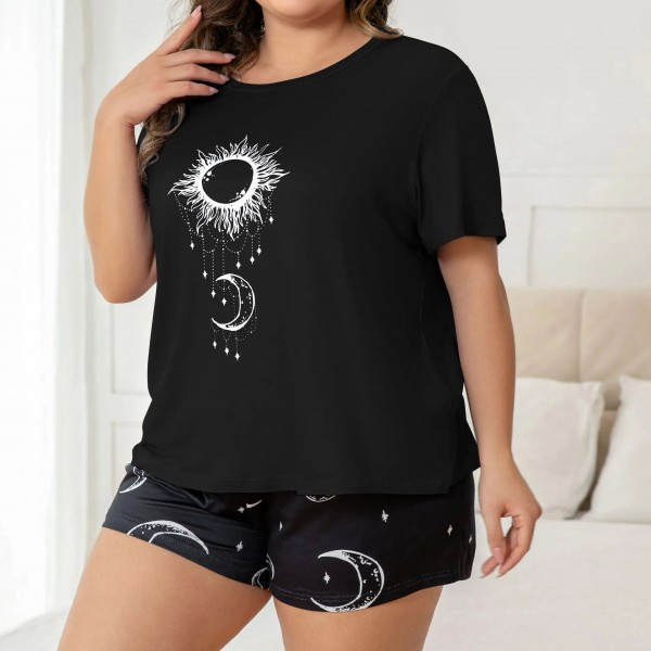 Ensemble pyjama grande taille imprimé lune étoile, haut manches courtes short confort maison|8,99 €|OKKO MODE