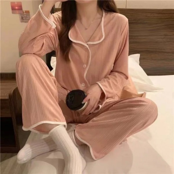 Ensemble de pyjama à manches longues pour femmes, bord côtelé simple|10,79 €|OKKO MODE