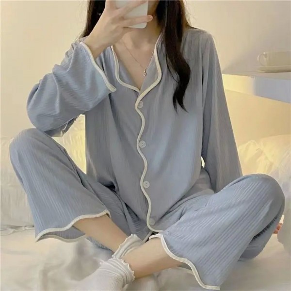 Ensemble de pyjama à manches longues pour femmes, bord côtelé simple|10,79 €|OKKO MODE