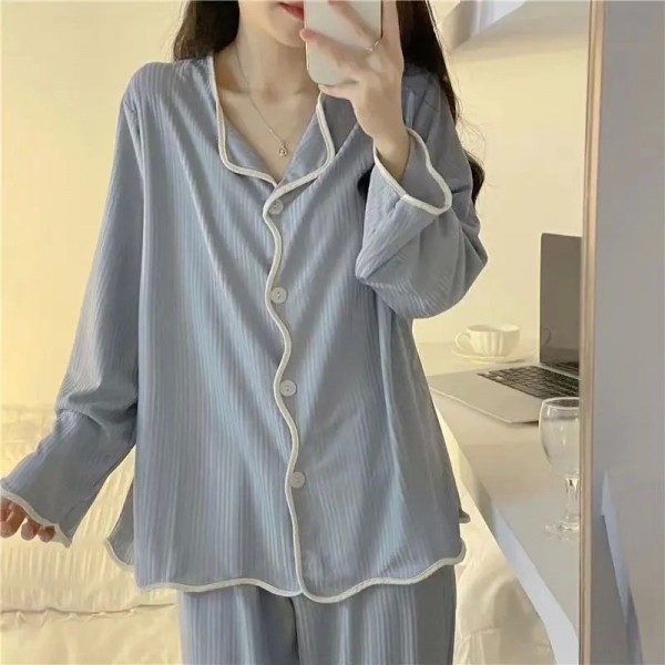 Ensemble de pyjama à manches longues pour femmes, bord côtelé simple|10,79 €|OKKO MODE