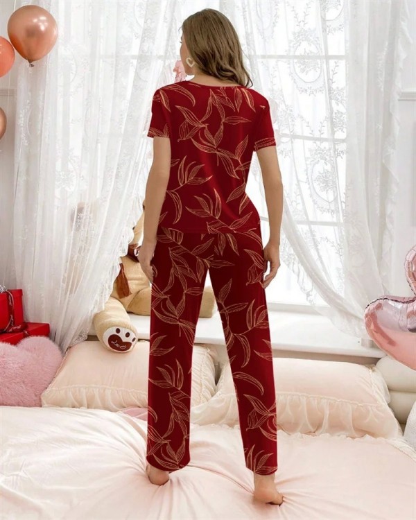 Pyjama rouge imprimé bambou pour femme, haut à manches courtes et pantalon ajustable|7,19 €|OKKO MODE