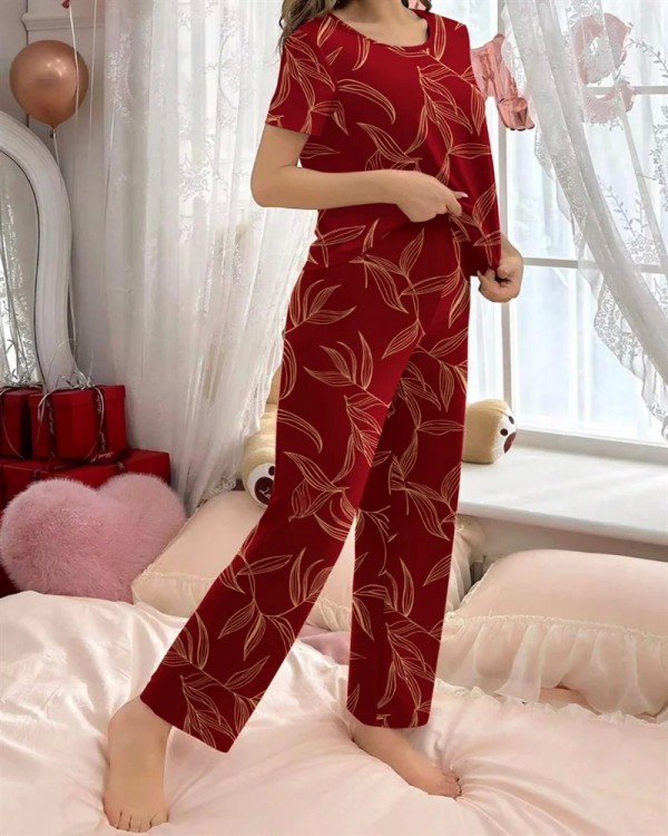 Pyjama rouge imprimé bambou pour femme, haut à manches courtes et pantalon ajustable|7,19 €|OKKO MODE